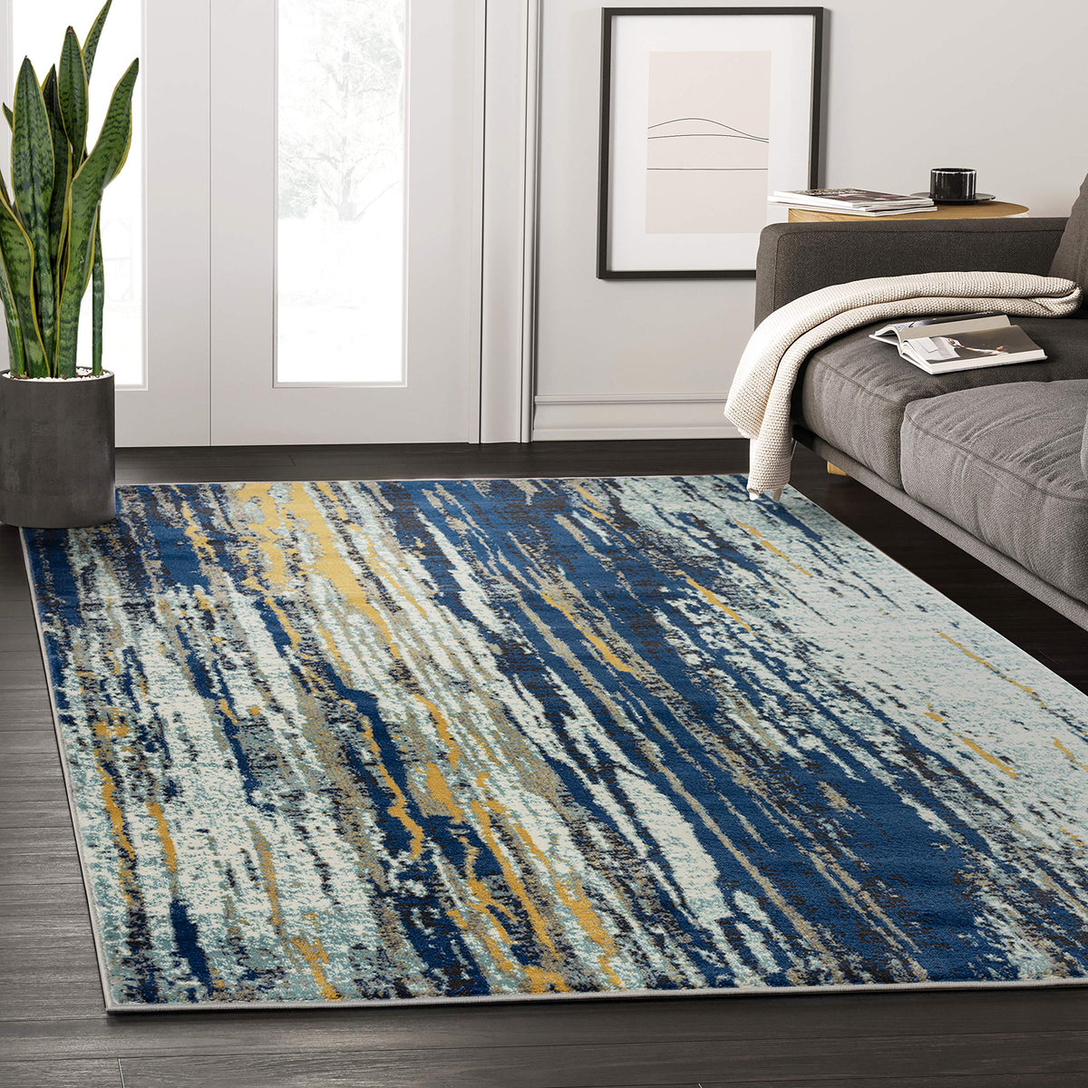 Rugs Blue & Yellow Painted Pattern Area Rug w/Bold Design Rugs Modern 4' x 6' Accent Rug by Abani – 2' x 3' (Rectangular), Polypropylene, Blue/Yellow, Model LAG110