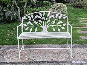 HI-LINE 42in Metal Garden Bench Tree Pattern-White Patio Yard Seat, Elegant Cast Iron Steel Outdoor Bench with Tree Pattern Backrest, 2-Person Park Bench Furniture for Patio, Backyard, Deck and Lawn