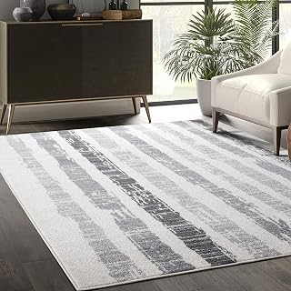 Abani Faded Ivory & Grey Striped 3' X 5' Area Rug Rug Casa Collection - Moroccan Inspired Accent Rug