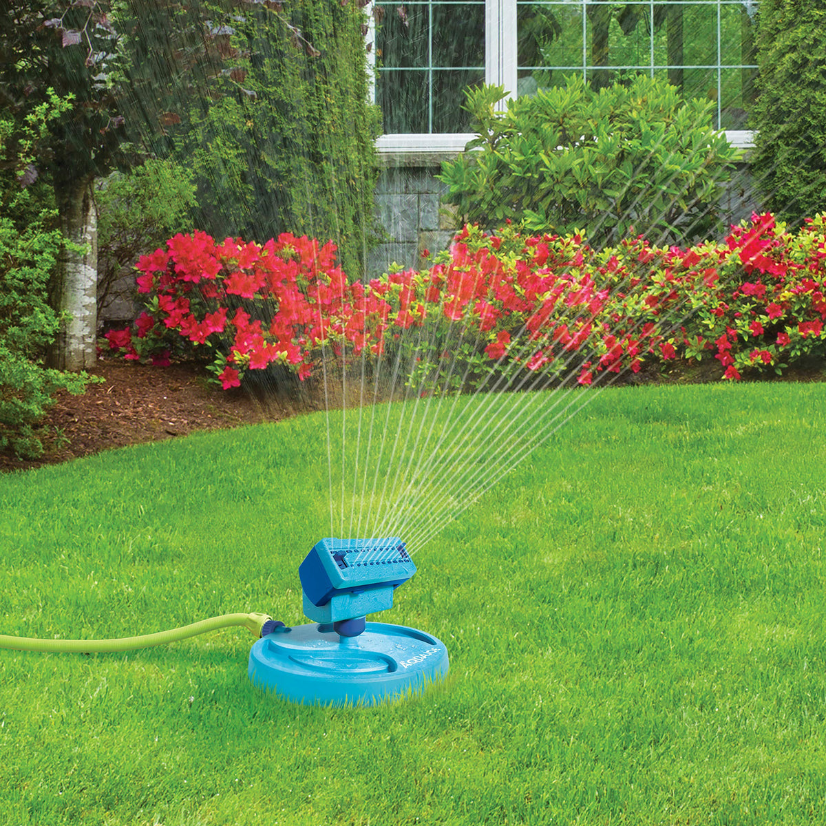 P2 20-Nozzle Mini Gear-Driven Oscillating Sprinkler on Sled Base by Aqua Joe – Rubber, BLUE, Model BDL-A0138