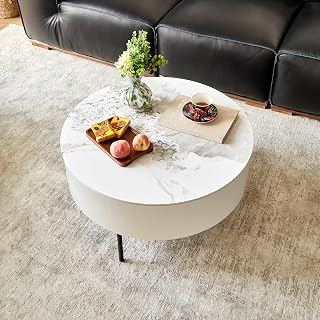 32" Scratch Resistant Coffee Table, Round Coffee Table with Anti-Slip Edge, Mesa De Centro para Sala with Wood Veneer for Apartment and Office Lounge Spaces, White+Natural