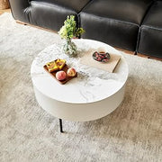 32" Sintered Stone Coffee Table, Round Coffee Table with Storage Drawers, Mesa De Centro para Sala with Wood Veneer for Apartment Office Lounge Areas, White+Natural