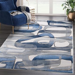 Abani Unique Blue & Grey Modern Circles Design Washable Area Rug - Contemporary Asymmetric Print 4’ x 6’ Living Room Rug Rugs