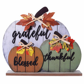 Cynosa Wooden Pumpkin Table Sign, Blessed Grateful Thankful, Yellow
