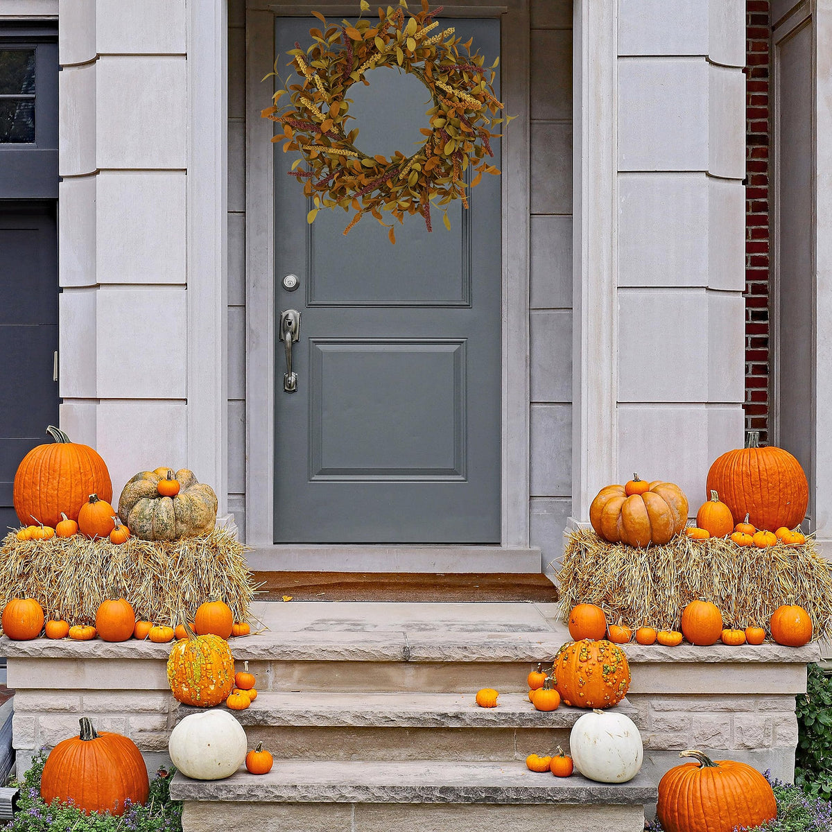 WreathDream Fall Wreath, 20 Inch Eucalyptus and Grain, Orange