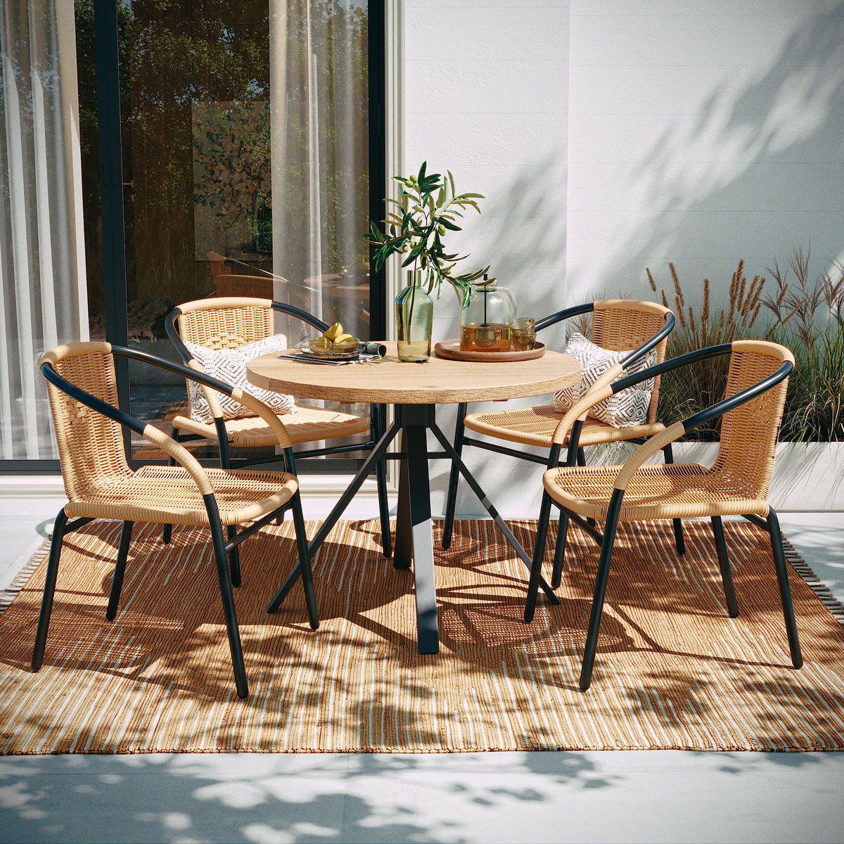 Lila 4 Pack Beige Rattan Indoor-Outdoor Restaurant Stack Chair | Versatile and Stylish Seating by Flash Furniture – Set of 4, Rattan, Beige, Pack of 4, Model 4-TLH-037-BGE-GG