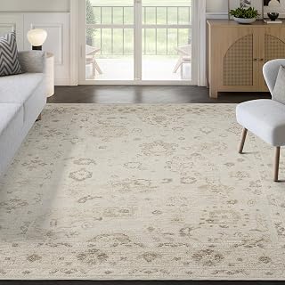 Abani Nora Collection Beige Area Rug, 5' x 8' – Distressed Floral Pattern, Non-Shedding, Easy to Clean, Durable for Living Rooms & Bedrooms, Pet & Kid Friendly