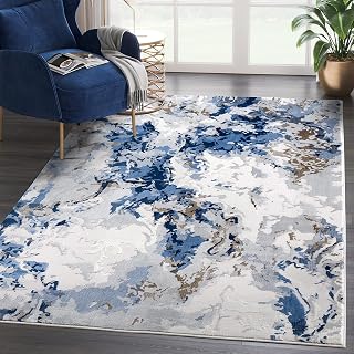 Abani Transitional Rugs Grey & Blue Washable Swirl 6' x 9' Area Rug - Abstract Marble Watercolor Premium Dining Room Rug