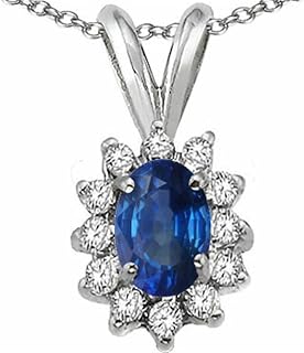 Oval 7x5mm Genuine Sapphire Pendant Necklace 14 kt White Gold