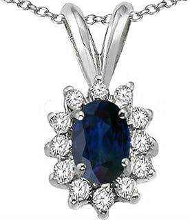 Oval 7x5mm Genuine Sapphire Pendant Necklace 14 kt White Gold