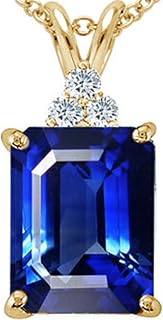 Emerald Cut 10x8mm Created Blue Sapphire Pendant Necklace 14 kt Yellow Gold