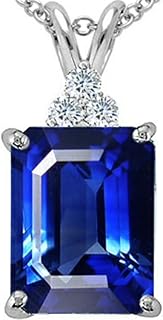 Emerald Cut 10x8mm Created Blue Sapphire Pendant Necklace 14 kt White Gold