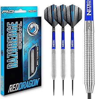 RED DRAGON Razor Edge Steel Tip Darts Set - 85% Tungsten Barrels for Balanced Control & Consistent Accuracy, 23g, Includes Flights & Nitrotech Shafts, Silver