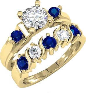 Dazzlingrock Natural Blue & White Sapphire 3 Stone Engagement Ring Set
