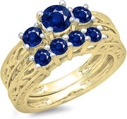 Dazzlingrock Round Blue Sapphire Womens 3 Stone Bridal Engagement Ring Set