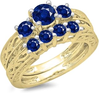 Dazzlingrock Round Blue Sapphire Womens 3 Stone Bridal Engagement Ring Set