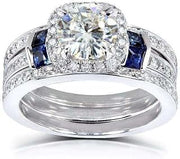 Round-cut Moissanite Bridal Set & Sapphire 2 CTW 14k White Gold (3 Piece Set)