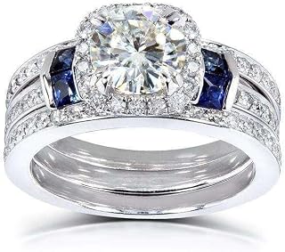 Round-cut Moissanite Bridal Set & Sapphire 2 CTW 14k White Gold (3 Piece Set)