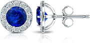 Platinum Halo Round Blue Sapphire Stud Earrings (1/2 cttw) Push-Backs