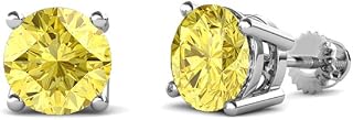 Lab Created Yellow Sapphire Four Prong Solitaire Stud Earrings 1.05 ctw 14K White Gold