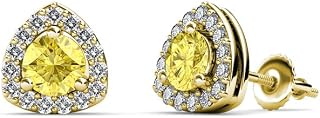 Round Yellow Sapphire Natural Diamond 1/2 ctw Trillion Shape Stud Earrings 14K Yellow Gold