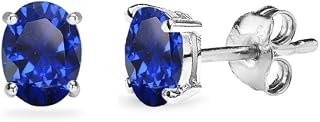 Sterling Silver Created Blue Sapphire Oval-Cut Solitaire Stud Earrings for Women