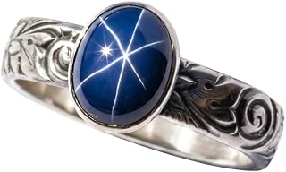 Oval Created Blue Star Sapphire Sterling Silver Rose and Daisy Pattern Ring
