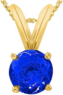 3 Carat 14K Yellow Gold Round Sapphire 4 Prong Solitaire Pendant Necklace (AAA Quality) W/ 16" Silver Chain