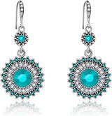 Vintage Round Blue Sapphire Sunflowers Dangle Earrings, Women's Unique Retro Colorful Ethnic Bohemian Earrings Jewelry for Women