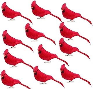 GREENWISH 12 Pcs Red Birds Cardinal with Clip on Christmas Tree Decoration Artificial Red Birds with Feathers for Wreath Ornaments