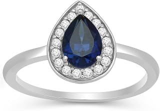 925 Sterling Silver Pear Shape Created Blue or White Sapphire with Round Created White Sapphire Statement Ring For Women Size 7