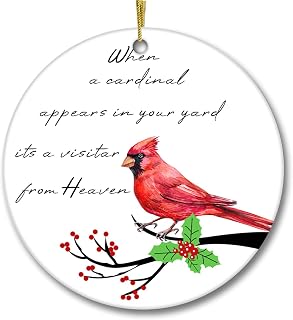 Cardinal Christmas Tree Ornament 2022 When a Cardinal Appears in Your Yard It's a Visitor from Heaven Decoration Red Bird 3inch Round Ceramic Ornament Xmas Present
