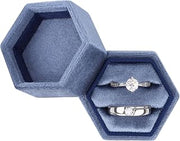 Hexagon Velvet Ring Box - Premium Gorgeous Vintage Double Ring Display Holder with Detachable Lid for Proposal, Engagement, Wedding, Ceremony (Sapphire blue)