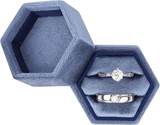 Hexagon Velvet Ring Box - Premium Gorgeous Vintage Double Ring Display Holder with Detachable Lid for Proposal, Engagement, Wedding, Ceremony (Sapphire blue)