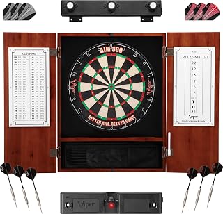 Viper AIM 360 Dartboard, Metropolitan Cinnamon Cabinet, Throw Line Light, Dartboard Lights, and Darts with Spare Flights