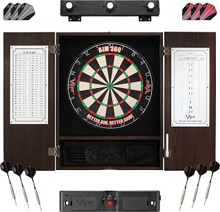 Viper AIM 360 Dartboard, Metropolitan Espresso Cabinet, Throw Line Light, Dartboard Lights, and Darts with Spare Flights
