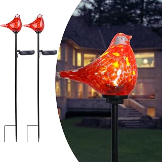 Afirst Outdoor Solar Garden Lights, Hand Blown Glass Cardinal Yard Stake