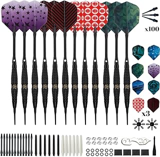 Shot Taker Co. Plastic Tip - Soft Tip Darts Set - 12 Pcs with 100 Extra Dart Tips 24 Flights Flight Protectors and Wrench for Electronic Dart Board