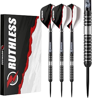 RUTHLESS Night Hawk Professional Tungsten Steeltip Darts Set in 23g and 25g, with Flights and Stems Shafts
