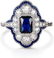 925 sterling silver charming peacock blue ring with oil drop and edge unique sapphire women's ring with lace hollowed out thin ring engagement ring Size 9