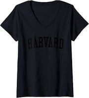 Womens Vintage Harvard IL Distressed Black Varsity Style V-Neck T-Shirt