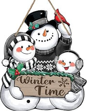 Winter Time Snowman Front Door Sign, Cardinal Red Bird Wood Door