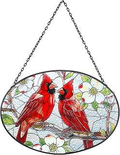 Cardinal Stained Glass Window Hanging - 6.7" x 9.4" Cardinal Gift for Women, Sun Painted Glass Panel Catcher Ornament for Home Windows Decor Birds Lover Gifts