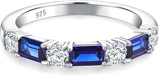3.5mm Half Eternity Band Sterling Silver Rings for Women Sapphire/Ruby/Emerald and Cz Wedding Bands 7 Stone Stackable Birthstone Ring Anniversary Jewelry Size 6-10