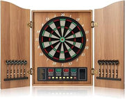Electric Dartboard Set with Cabinet - Wooden Doors, LED Display, 12 Darts, 88 Soft Tips - 27 Games, up to 16 Players - Automatic Scoring Dart Board
