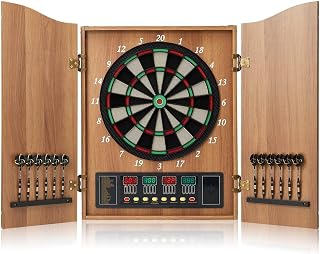 Electric Dartboard Set with Cabinet - Wooden Doors, LED Display, 12 Darts, 88 Soft Tips - 27 Games, up to 16 Players - Automatic Scoring Dart Board