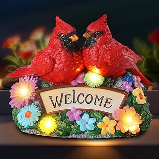 Solar Garden Statues 5.3" Couple Red Cardinal Figurines with Welcome Sign