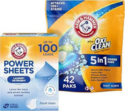 Bundle of Arm & Hammer Power Sheets Laundry Detergent, Fresh Linen 50ct, up to 100 Small Loads (Packaging may vary) + Arm & Hammer Plus OxiClean 5-in-1