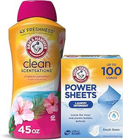 Bundle of Arm & Hammer Power Sheets Laundry Detergent, Fresh Linen 50ct, up to 100 Small Loads (Packaging may vary) + ARM & HAMMER Clean Scentsations