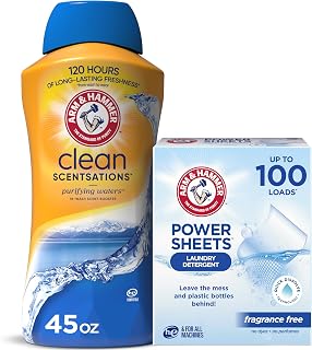 Bundle of Arm & Hammer Power Sheets Laundry Detergent, Fragrance Free 50ct, up to 100 Small Loads + ARM & HAMMER Clean Scentsations